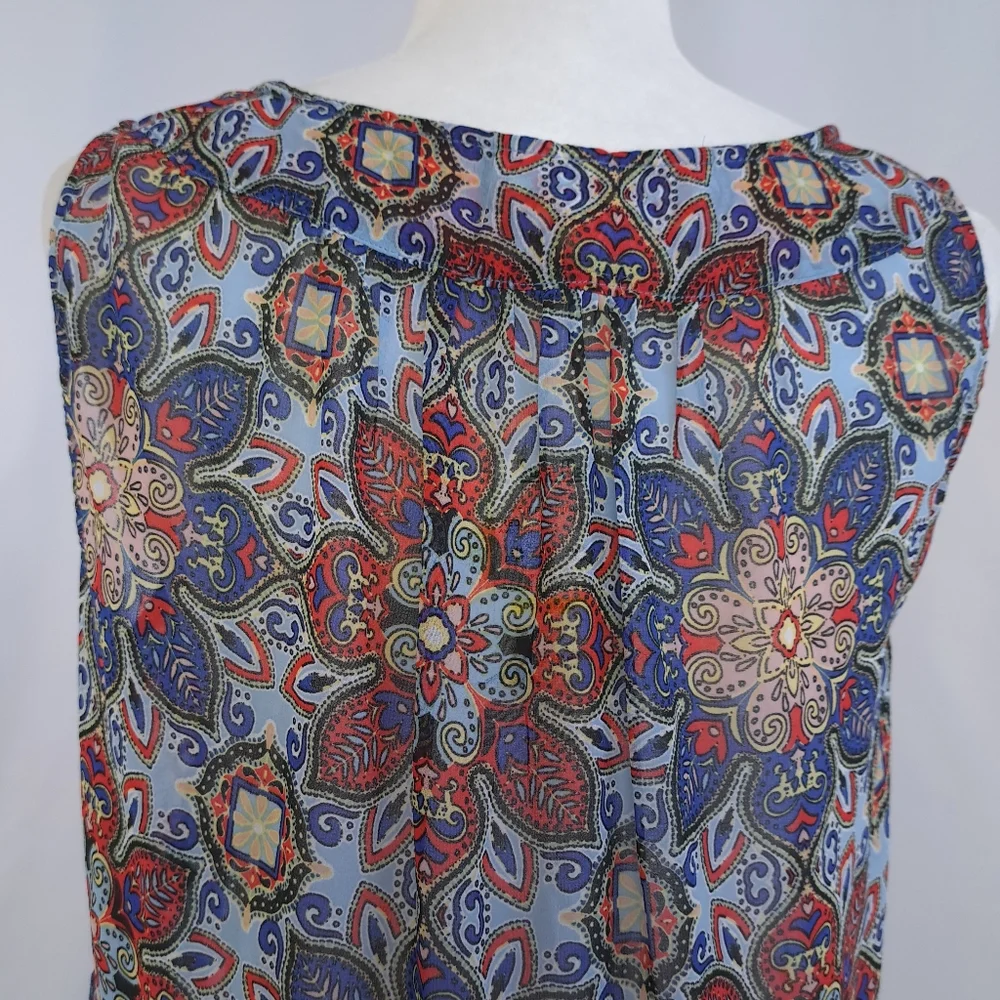Fig and Flower Sheer Boho Tie-Front Mixed Print Sleeveless Top NWT